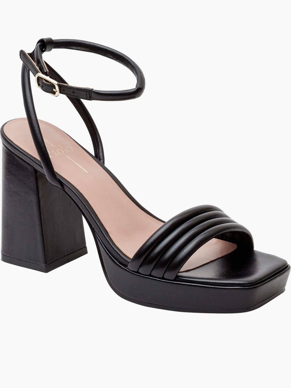Linea Paolo Eve Black Ankle Strap Platform Square-Toe Block Heels